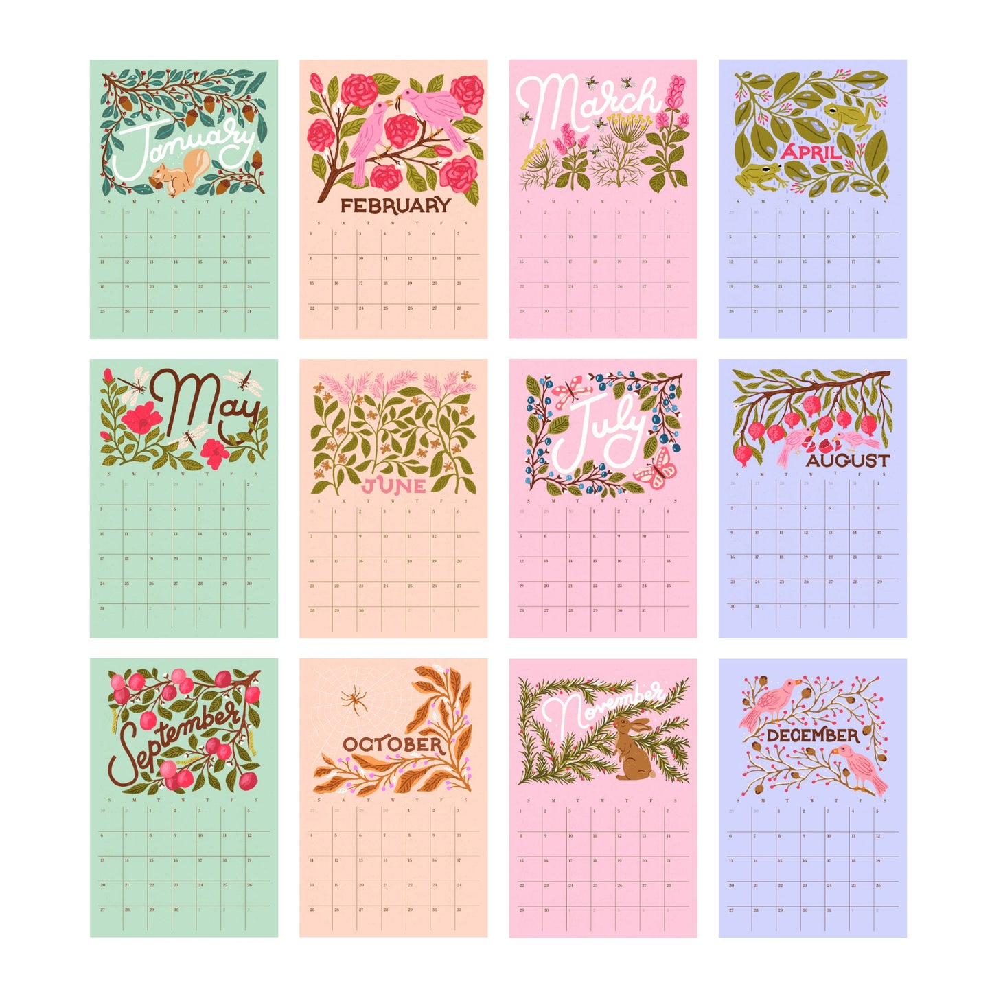 2026 Flora and Fauna Calendar | Botanical Art & Hand Lettering Fine Art Wall Calendar