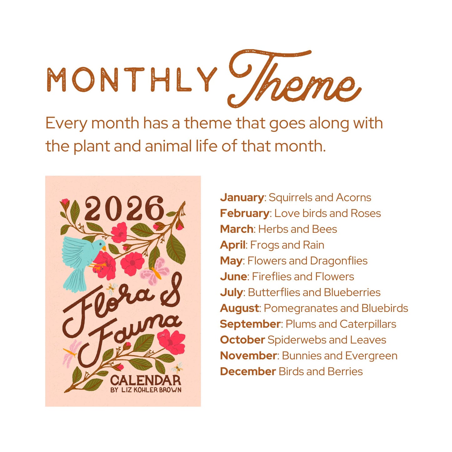 2026 Flora and Fauna Calendar | Botanical Art & Hand Lettering Fine Art Wall Calendar